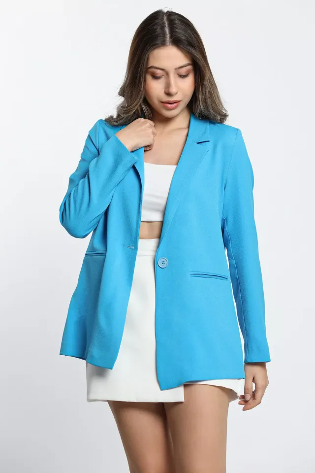 Kadın Astarlı Düğmeli Blazer Ceket Mavi