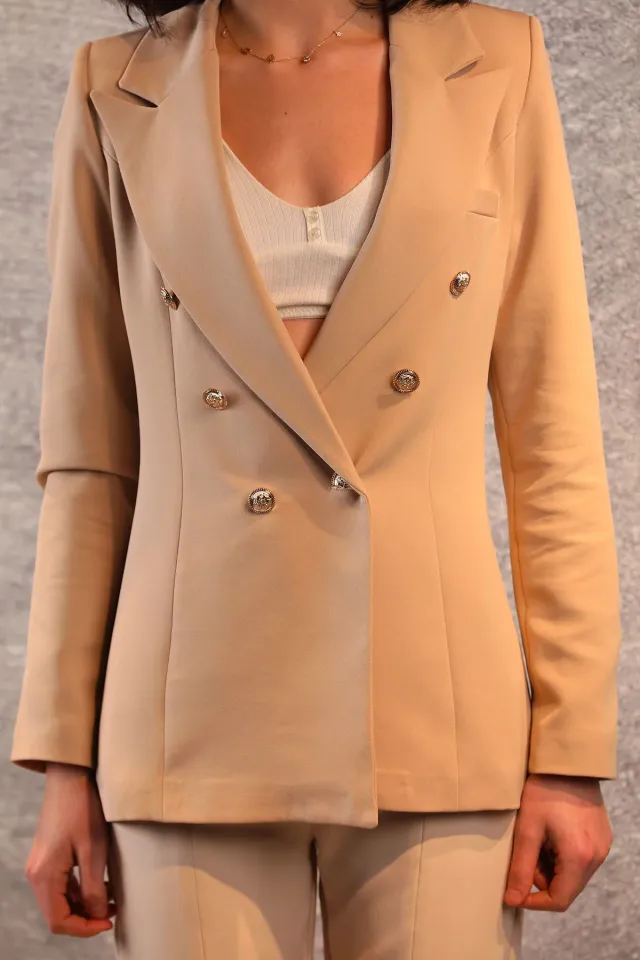 Kadın Astarlı Düğmeli Blazer Ceket Bej