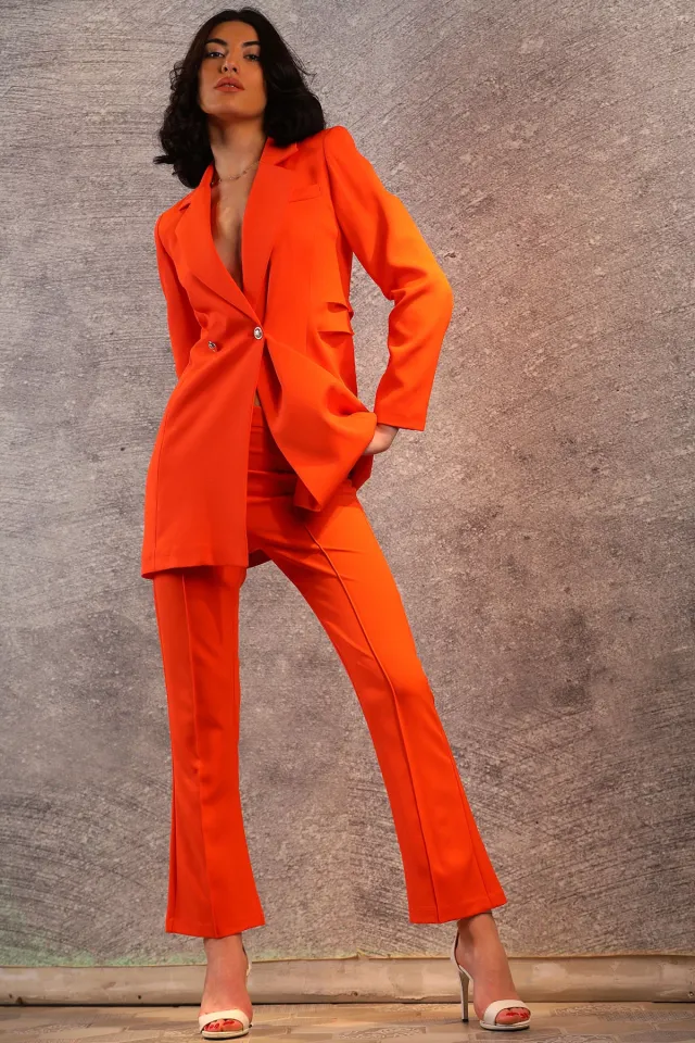 Kadın Astarlı Kenerları Katlı Uzun Blazer Ceket Orange