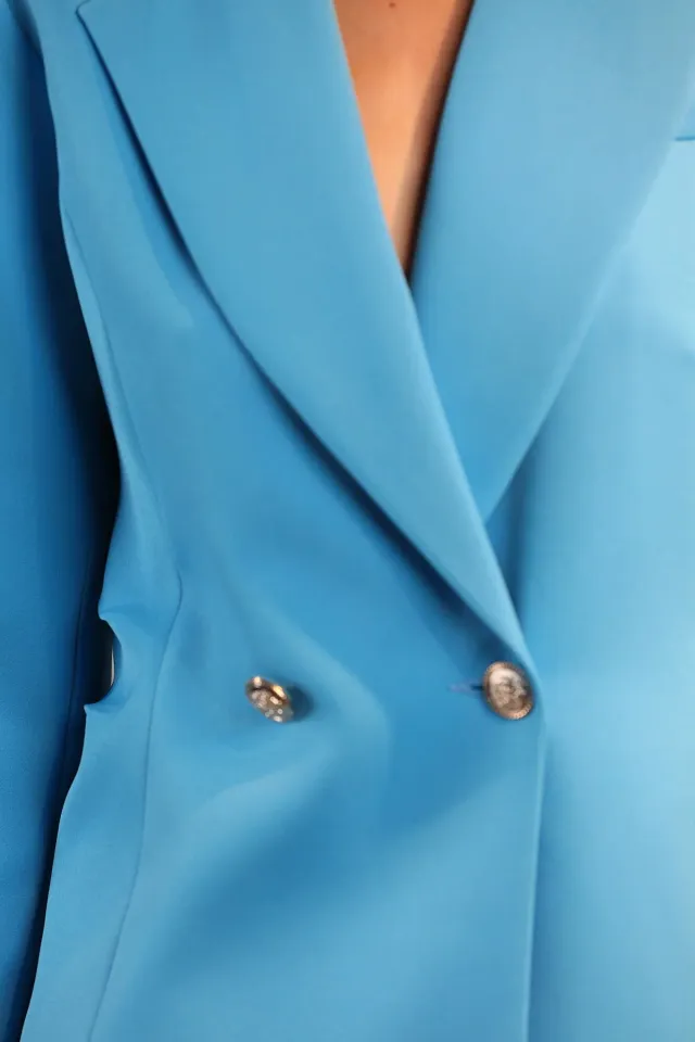 Kadın Astarlı Kenerları Katlı Uzun Blazer Ceket Mavi
