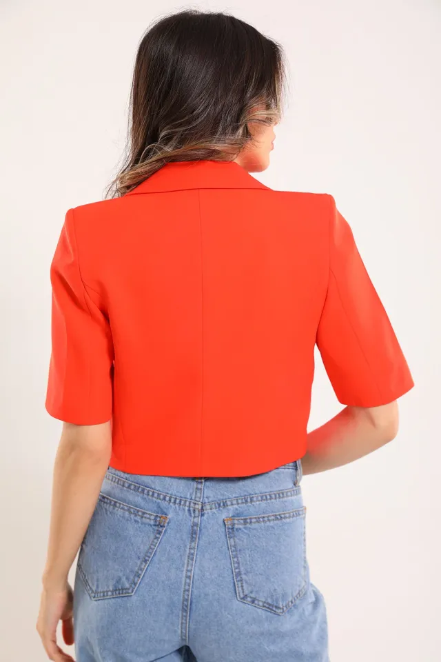Kadın Astarlı Kısa Kollu Crop Blazer Ceket Orange