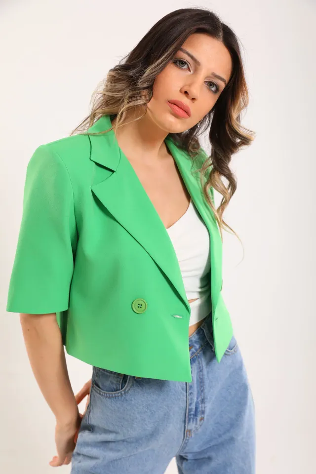 Kadın Astarlı Kısa Kollu Crop Blazer Ceket Yeşil