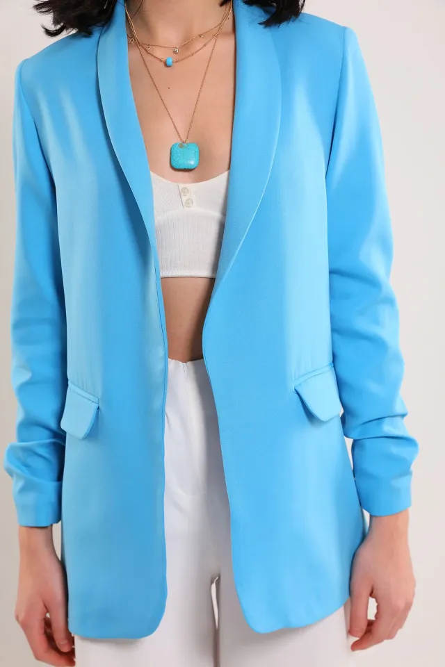 Kadın Astarlı Kol Büzgü Detaylı Blazer Ceket Mavi