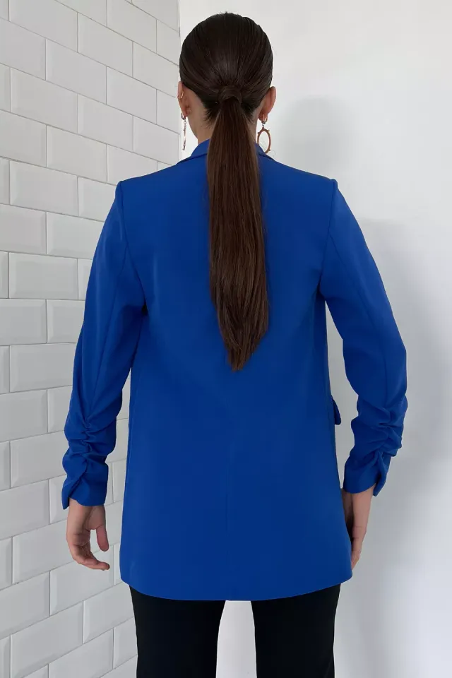 Kadın Astarlı Kol Büzgü Detaylı Blazer Ceket Saksmavisi