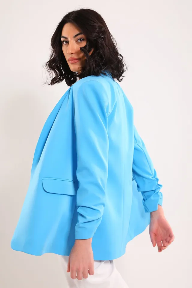 Kadın Astarlı Kol Büzgü Detaylı Blazer Ceket Mavi