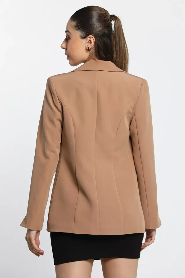 Kadın Astarlı Kolu Taş Detaylı Blazer Ceket Bisküvi