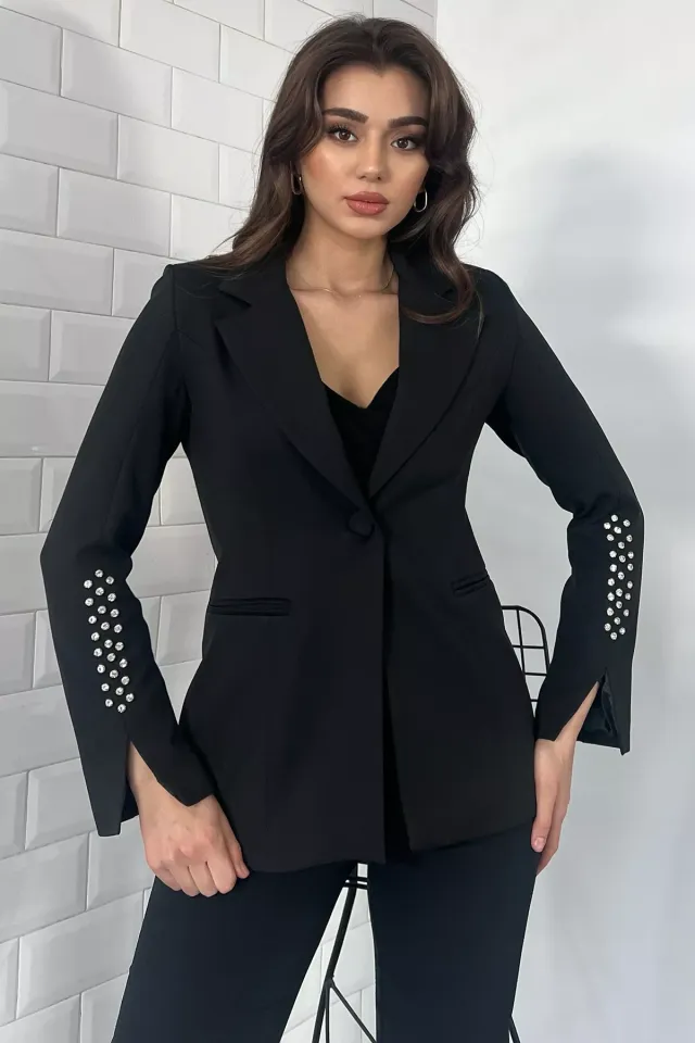 Kadın Astarlı Kolu Taş Detaylı Blazer Ceket Siyah