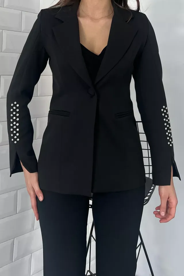Kadın Astarlı Kolu Taş Detaylı Blazer Ceket Siyah