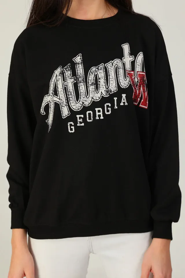 Kadın Atlanta Baskılı Salaş Sweatshirt Siyah