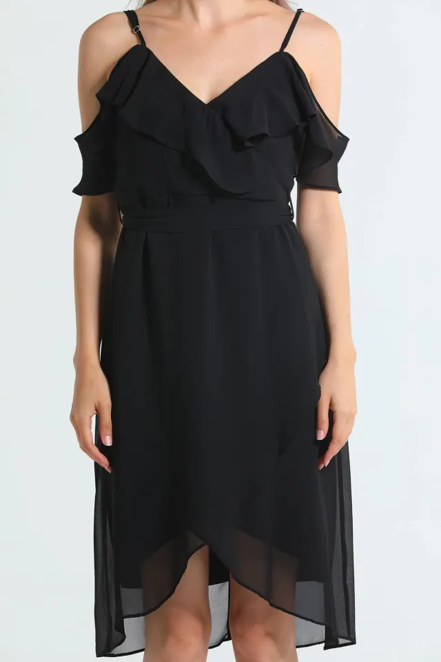 Kadın Ayarlanabilir Askılı Bel Kuşaklı Şifon Abiye Elbise Siyah