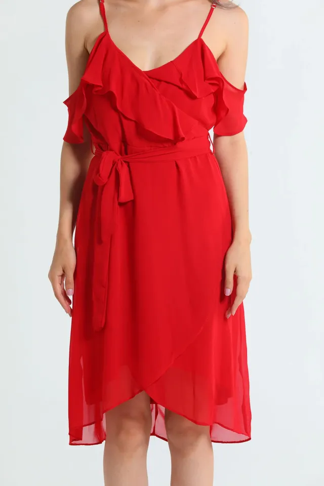 Kadın Ayarlanabilir Askılı Bel Kuşaklı Şifon Abiye Elbise Kırmızı