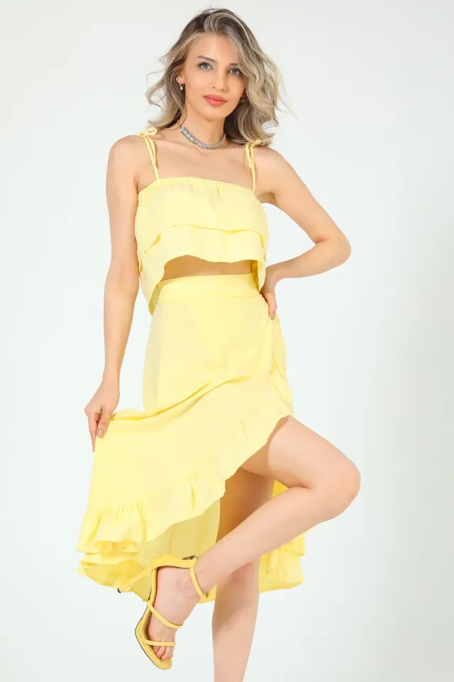 Kadın Ayarlanabilir Askılı Crop Bluz Yırtmaçlı Anvelop Etek İkili Takım Sarı