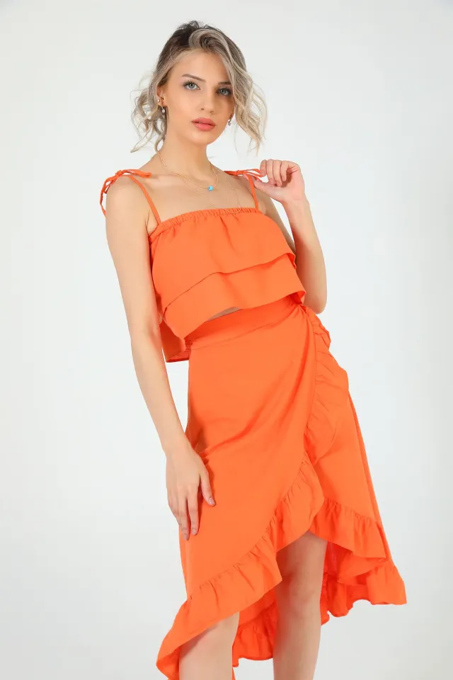 Kadın Ayarlanabilir Askılı Crop Bluz Yırtmaçlı Anvelop Etek İkili Takım Orange