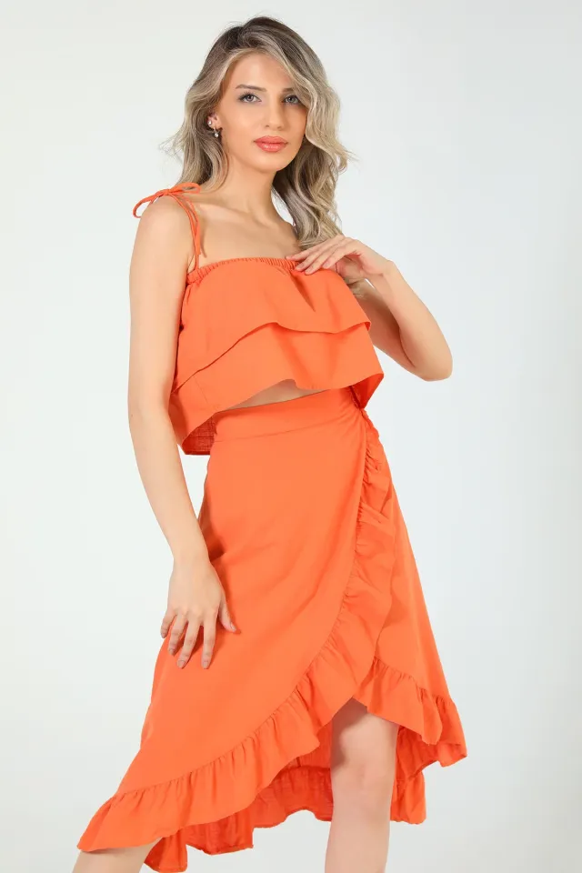 Kadın Ayarlanabilir Askılı Crop Bluz Yırtmaçlı Anvelop Etek İkili Takım Koyu Orange