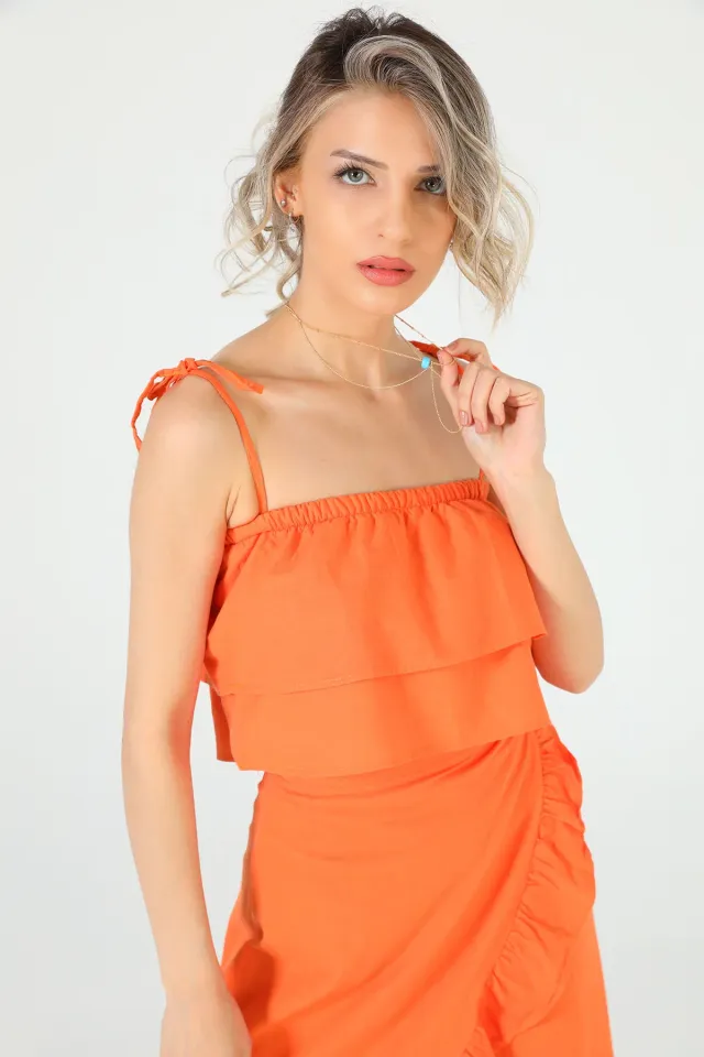Kadın Ayarlanabilir Askılı Crop Bluz Yırtmaçlı Anvelop Etek İkili Takım Orange