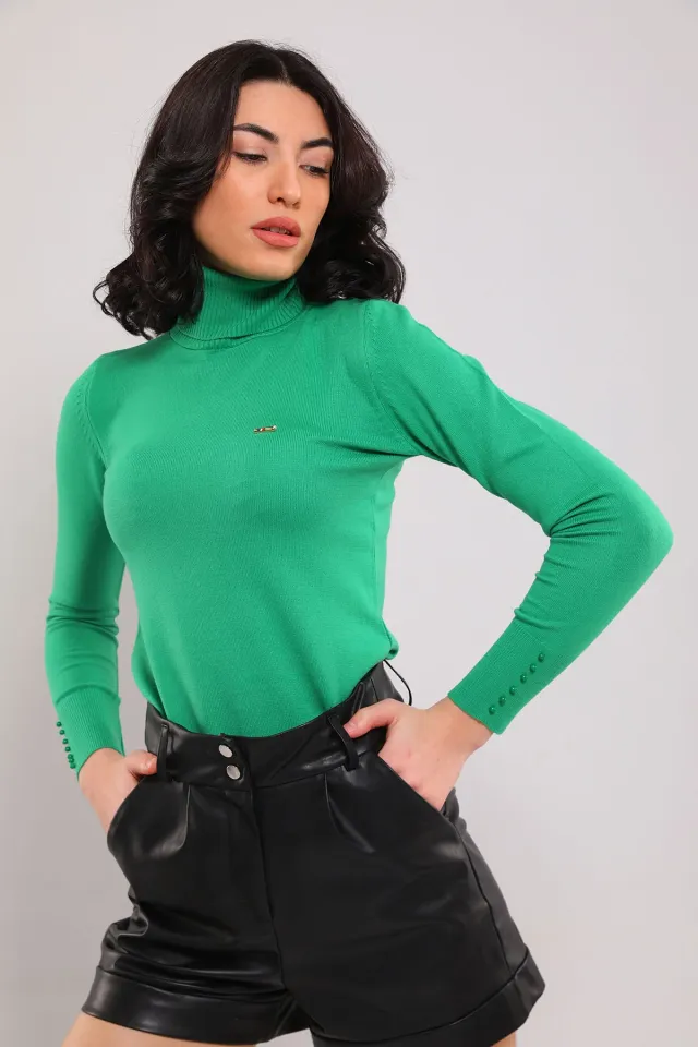 Kadın Balıkçı Yaka Bilek Boncuk Detaylı Triko Bluz Yeşil