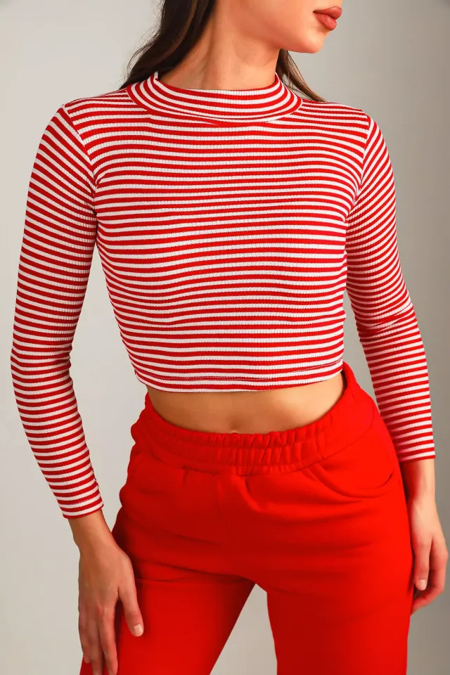 Kadın Balıkçı Yaka Çizgili Crop Bluz Kırmızı