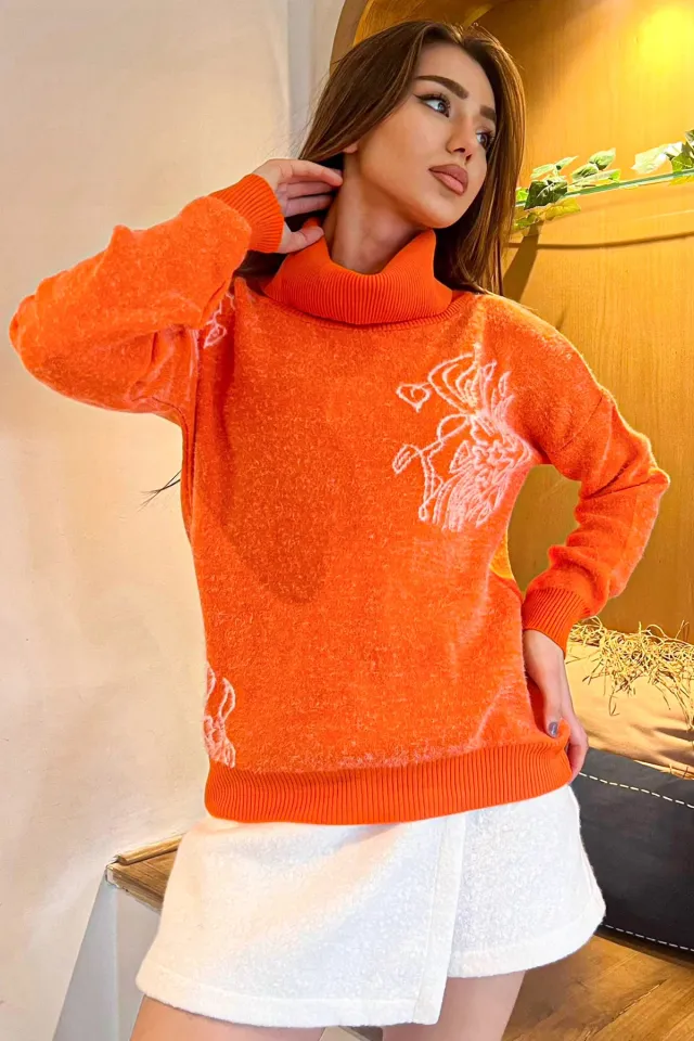 Kadın Balıkçı Yaka Desenli Salaş Triko Kazak Orange