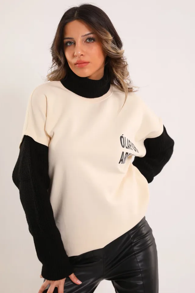 Kadın Balıkçı Yaka Ön Yazı Baskılı Triko Detaylı Şardonlu Sweatshirt Taş