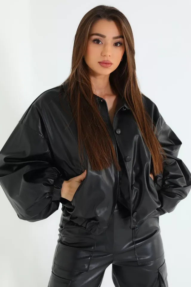 Kadın Balon Kol Deri Ceket Siyah