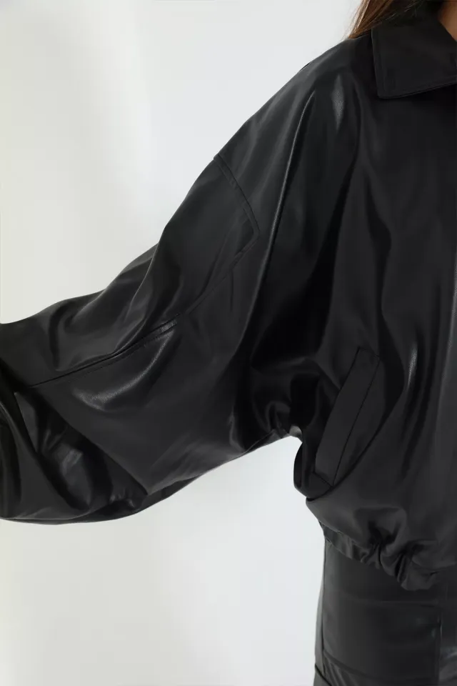 Kadın Balon Kol Deri Ceket Siyah