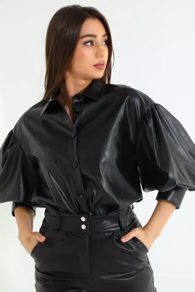 Kadın Balon Kol Deri Gömlek Siyah