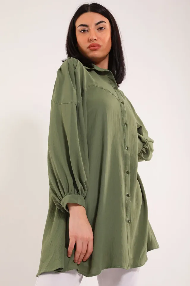 Kadın Balon Kol Klasik Tunik Gömlek Haki