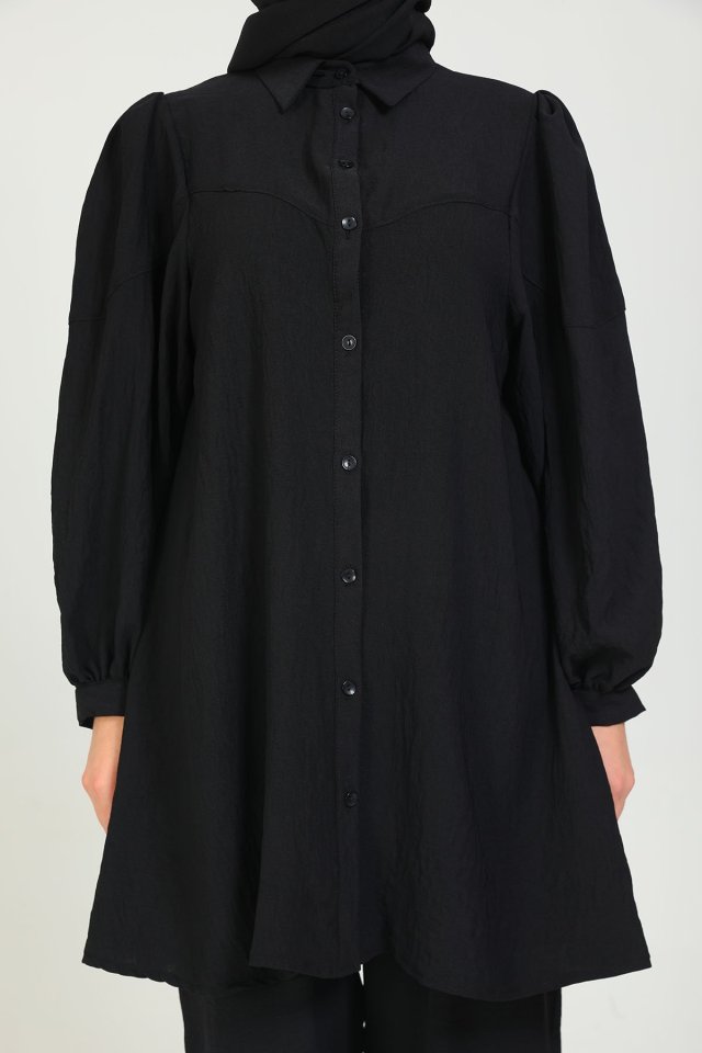 Kadın Balon Kol Klasik Tesettür Tunik Gömlek Siyah