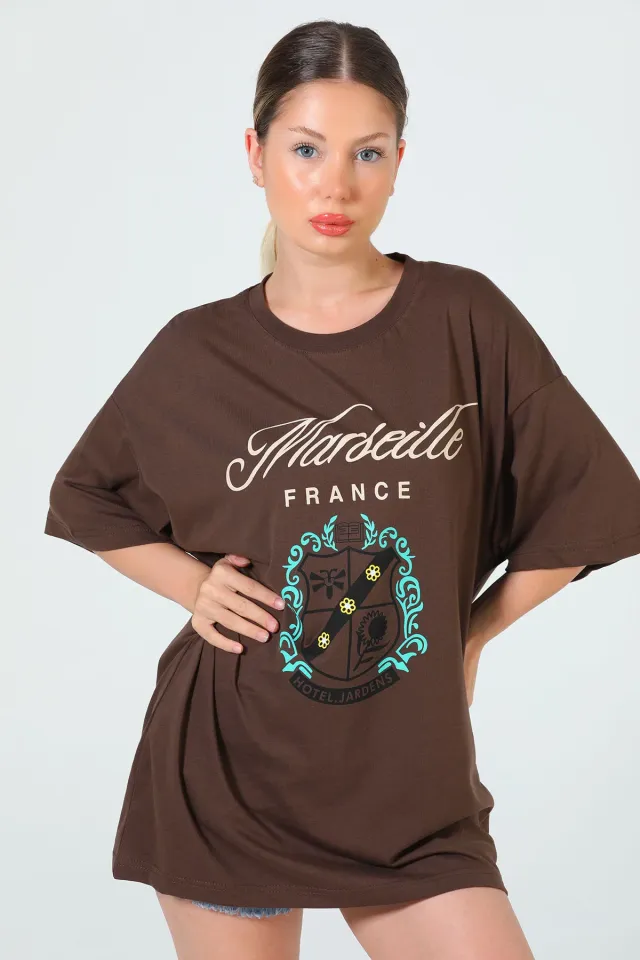 Kadın Baskılı Oversize T-shirt Kahve