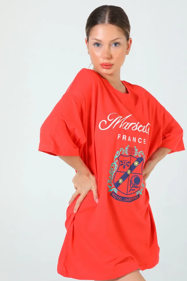 Kadın Baskılı Oversize T-shirt Nar Çiçeği