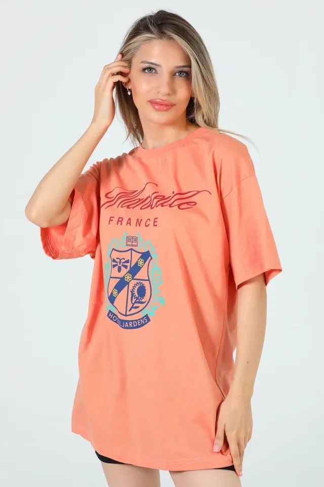 Kadın Baskılı Oversize T-shirt Somon