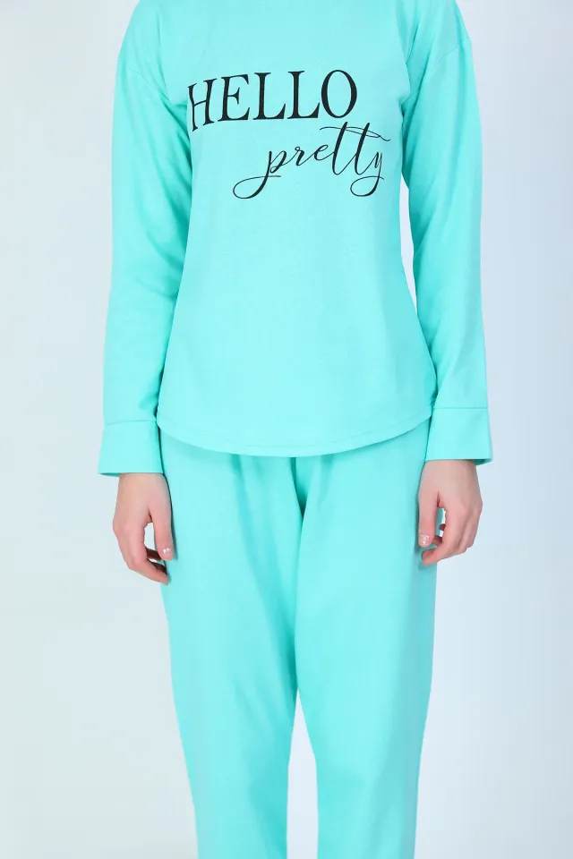 Kadın Baskılı Ribanalı Pijama Takımı Mint
