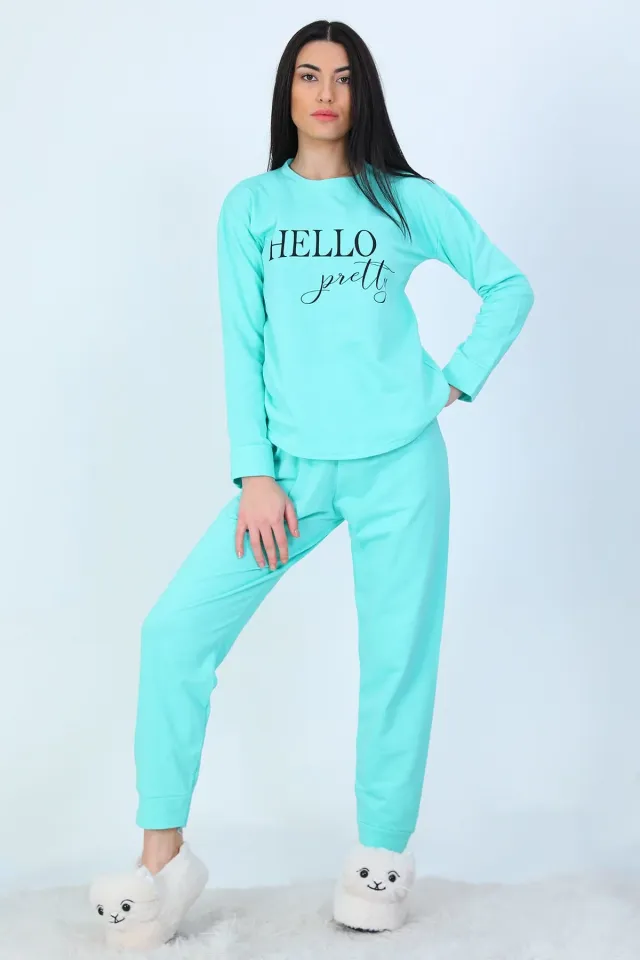 Kadın Baskılı Ribanalı Pijama Takımı Mint
