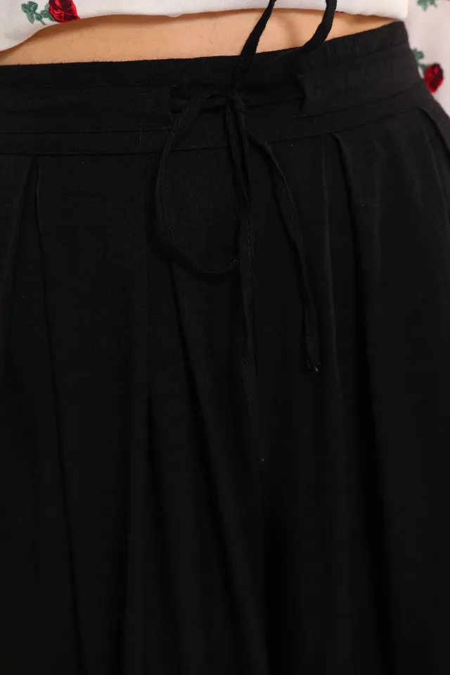 Kadın Bel Bağcıklı Cepli Bol Paça Pantolon Siyah