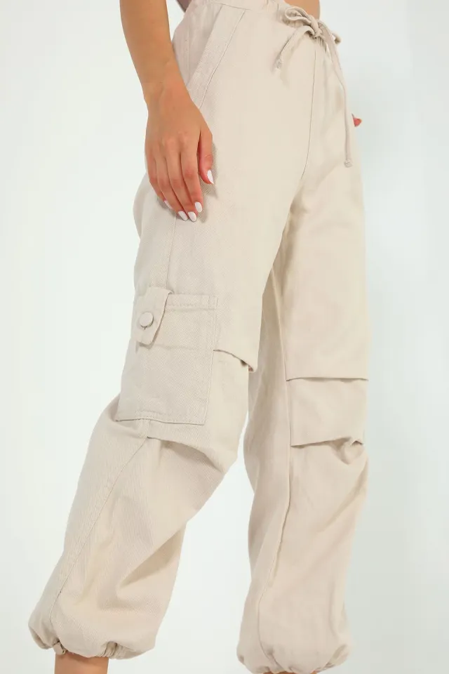 Kadın Bel Bağlamalı Paça Lastikli Kargo Cep Pantolon Taş