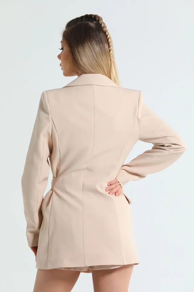 Kadın Bel Bağlamalı Sahte Cep Detayl Astarlıı Uzun Blazer Ceket Bej