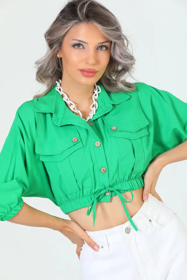 Kadın Bel Büzgü Detaylı Crop Gömlek Yeşil