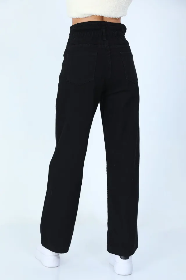 Kadın Bel Büzgülü Bol Paça Jeans Pantolon Siyah