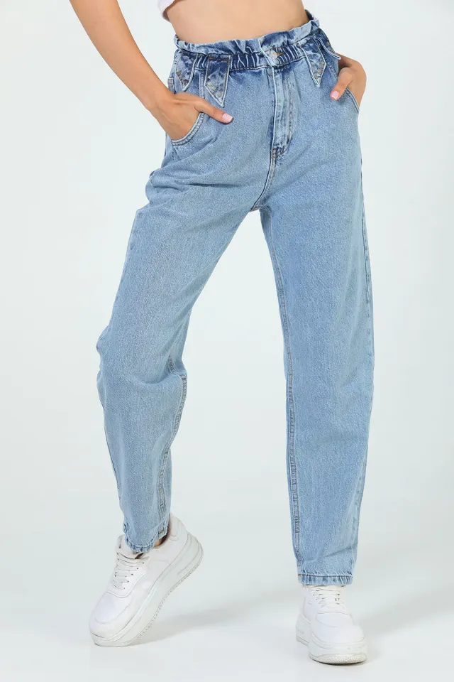 Kadın Bel Büzgülü Yüksek Bel Jeans Pantolon Açıkmavi