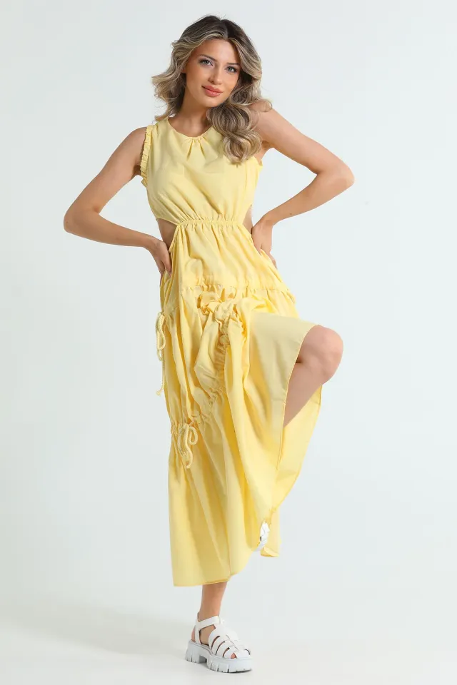 Kadın Bel Dekolteli Eteği Bağcık Detaylı Sıfır Kol Yazlık Elbise Sarı
