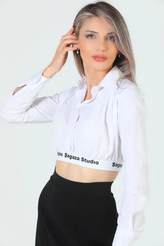 Kadın Bel Lastikli Crop Gömlek Beyaz