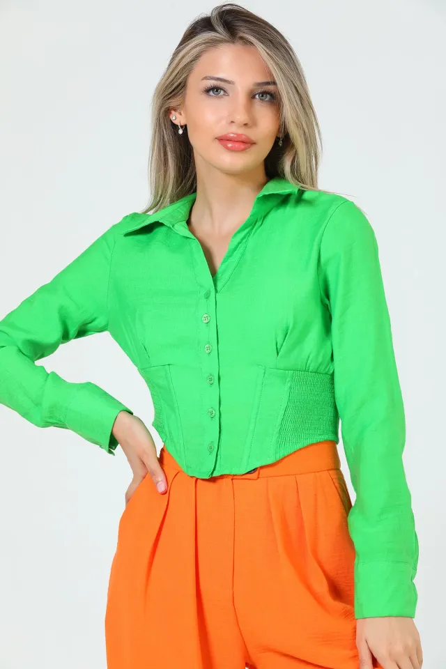 Kadın Bel Lastikli Crop Gömlek Yeşil