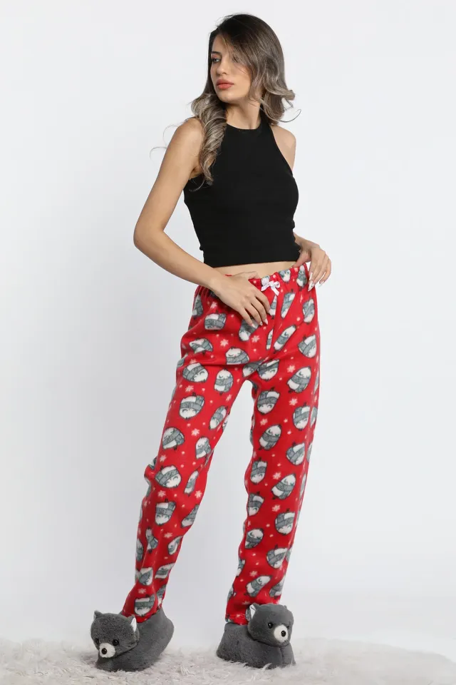 Kadın Bel Lastikli Desenli Polar Alt Pijama Grikırmızılı
