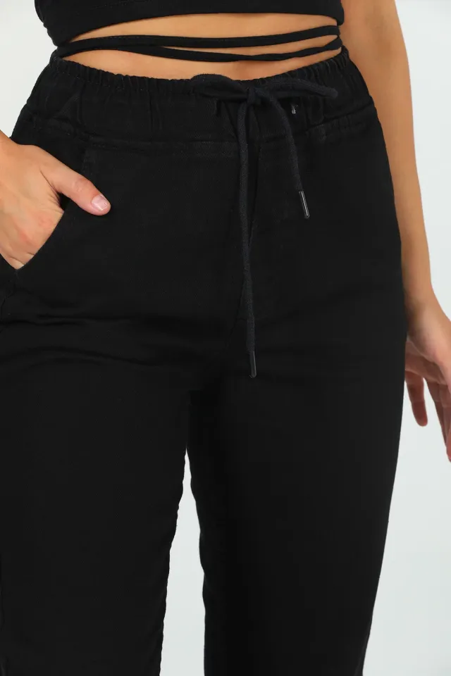 Kadın Bel Lastikli Mom Jeans Pantolon Siyah