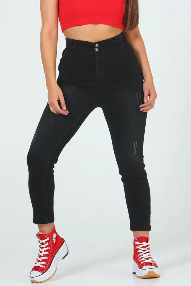 Kadın Bel Lastikli Yüksek Bel Tırnaklı Jeans Pantolon Siyah
