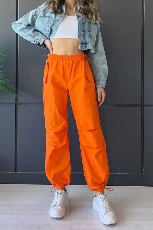 Kadın Bel Ve Paça Lastikli Cep Detaylı Paraşüt Pantolon Orange
