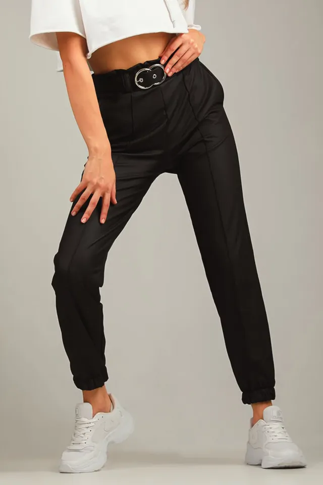 Kadın Bel Ve Paça Lastikli Kemer Detaylı Şardonlu Çimalı Deri Pantolon Siyah