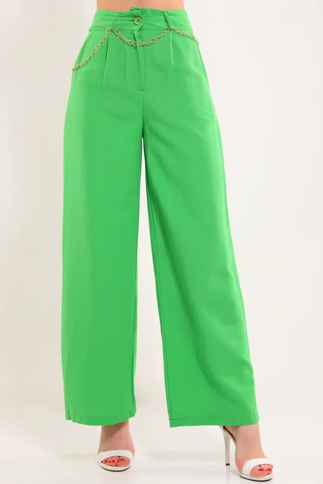 Kadın Bel Zincir Detaylı Bol Paça Pantolon Yeşil
