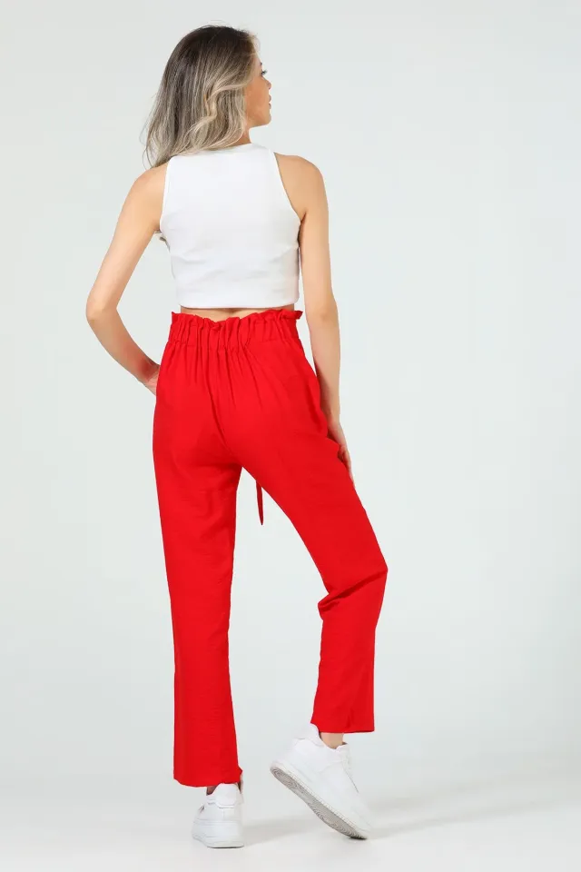 Kadın Beli Fırfırlı Kemerli Geniş Paça Pantolon Kırmızı