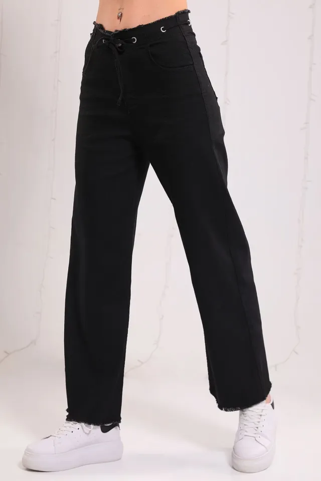 Kadın Beli İpli Paça Püsküllü Jeans Pantolon Siyah